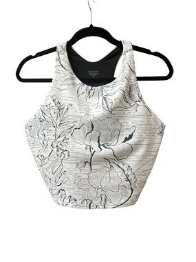 Athleta Gray and Black Floral High-Neck Crop Top XL Activewear Yoga Pilates